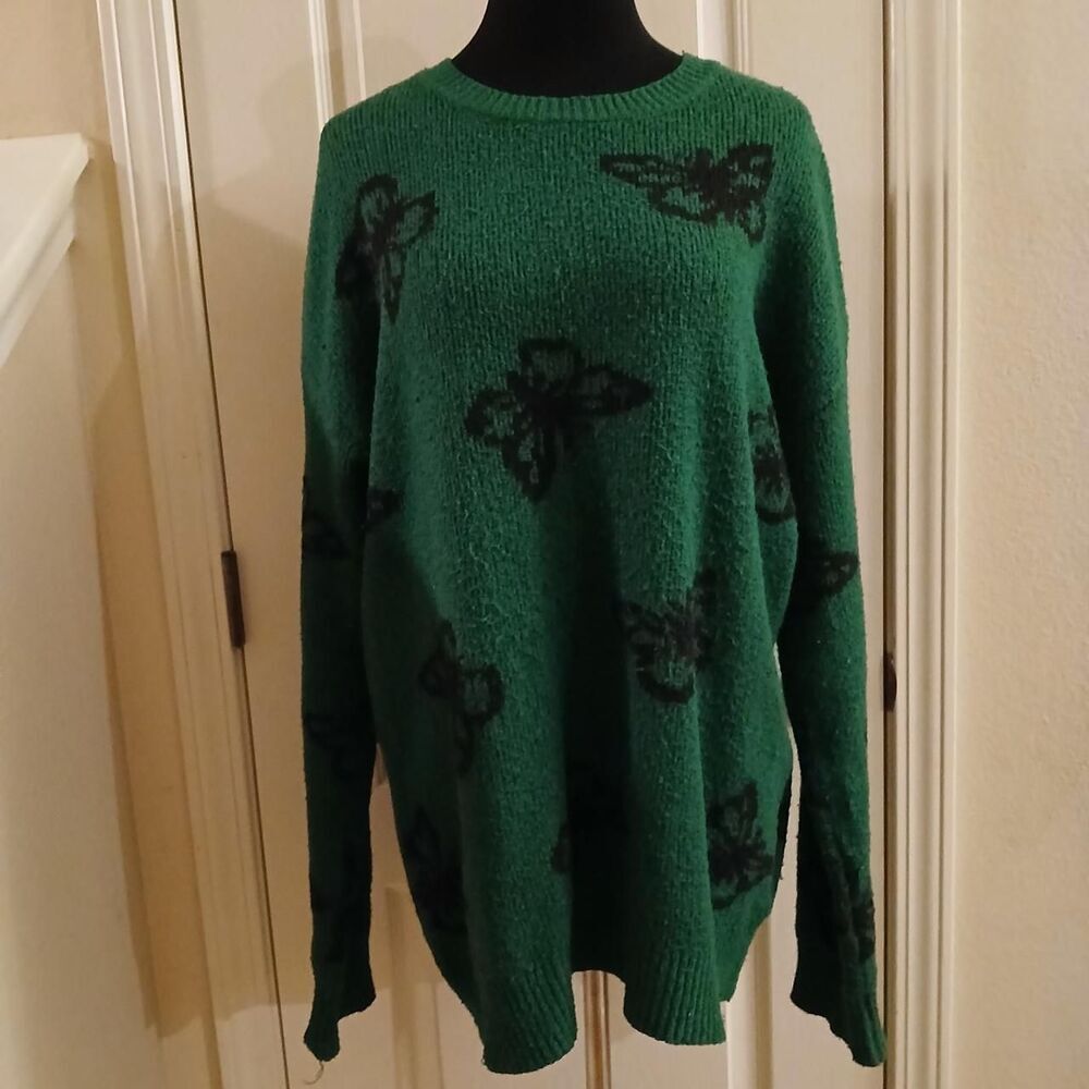 Y2K Fuzzy Green Tunic Sweater Black Butterflies Oversized Small Fairy Grunge